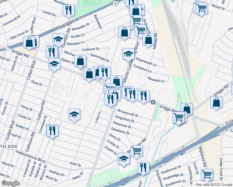 map of restaurants, bars, coffee shops, grocery stores, and more near in Houston