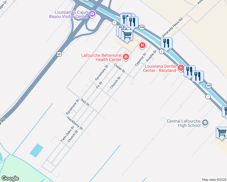 map of restaurants, bars, coffee shops, grocery stores, and more near 238 Cypress Street in Raceland
