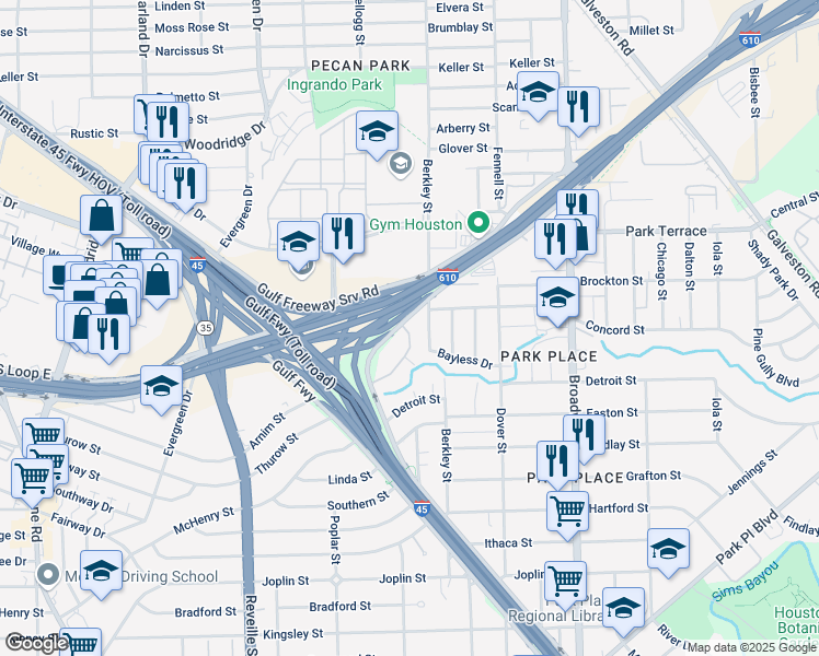 map of restaurants, bars, coffee shops, grocery stores, and more near 7313 Gulf Freeway in Houston