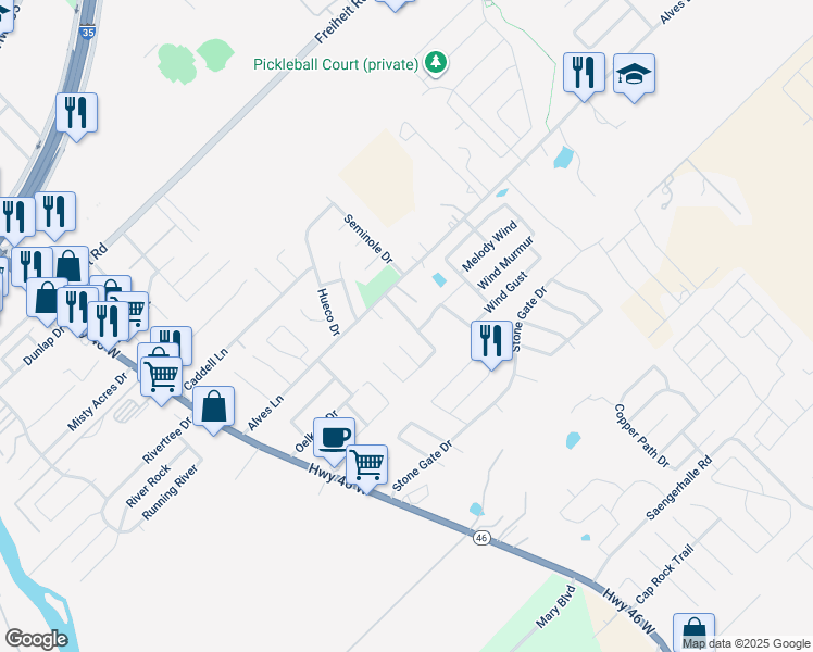 map of restaurants, bars, coffee shops, grocery stores, and more near 1020 Mellow Breeze in New Braunfels