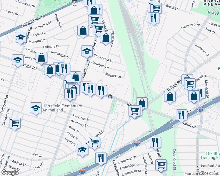 map of restaurants, bars, coffee shops, grocery stores, and more near 5610 Royal Palms Street in Houston