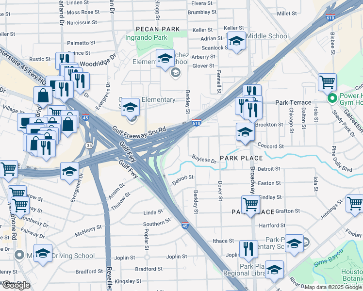 map of restaurants, bars, coffee shops, grocery stores, and more near 7313 Gulf Freeway in Houston