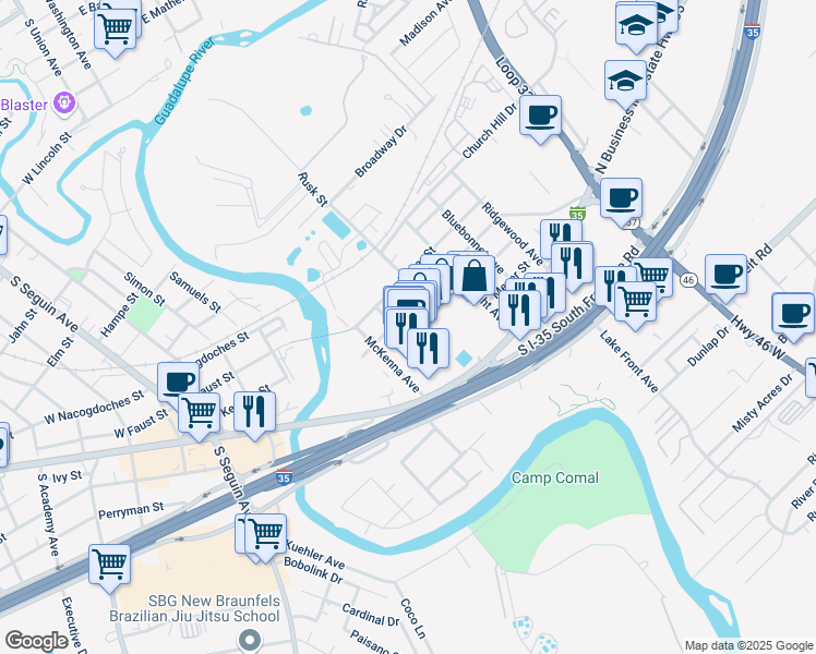 map of restaurants, bars, coffee shops, grocery stores, and more near 651 Texas 46 Business in New Braunfels