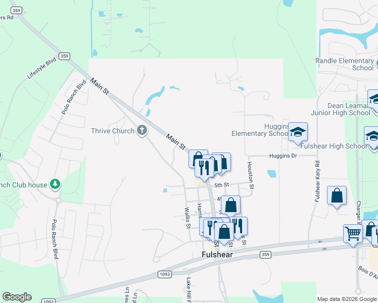 map of restaurants, bars, coffee shops, grocery stores, and more near 7926 Farm to Market 359 in Fulshear