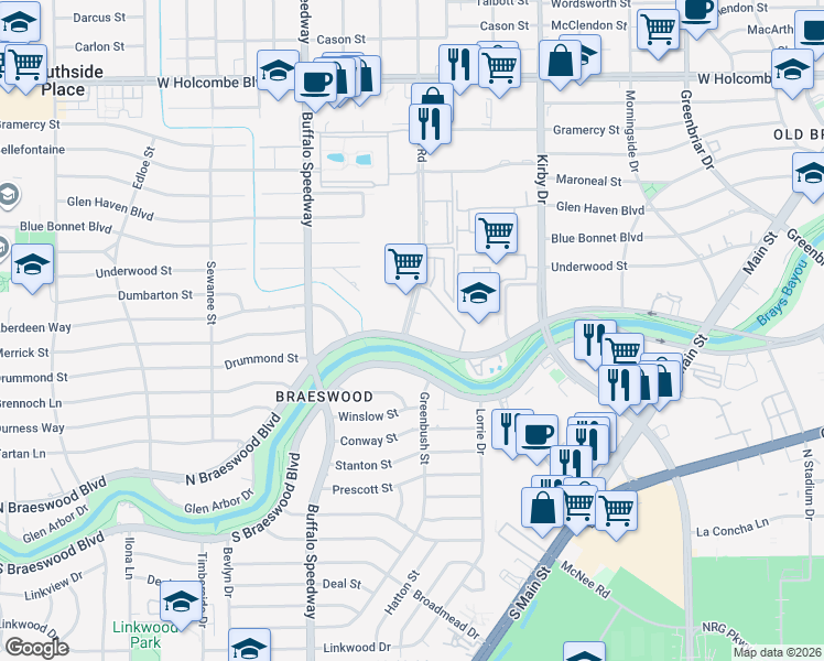 map of restaurants, bars, coffee shops, grocery stores, and more near 2900 North Braeswood Boulevard in Houston