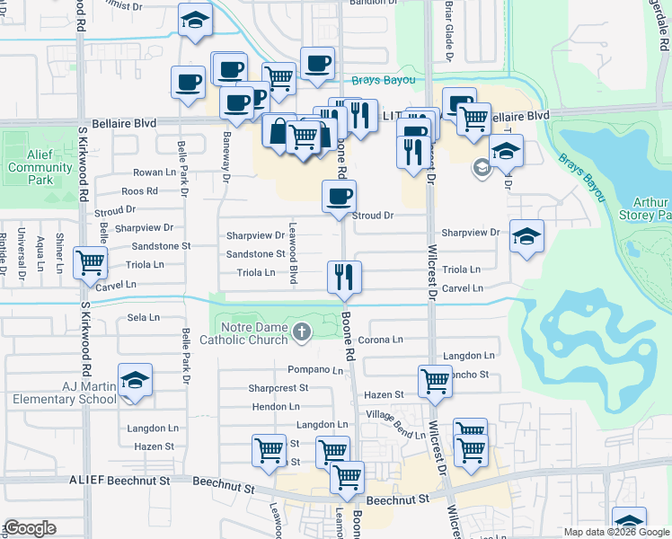 map of restaurants, bars, coffee shops, grocery stores, and more near 7490 Boone Road in Houston