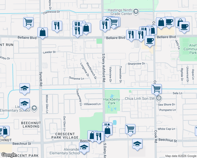 map of restaurants, bars, coffee shops, grocery stores, and more near 12716 Carvel Lane in Houston
