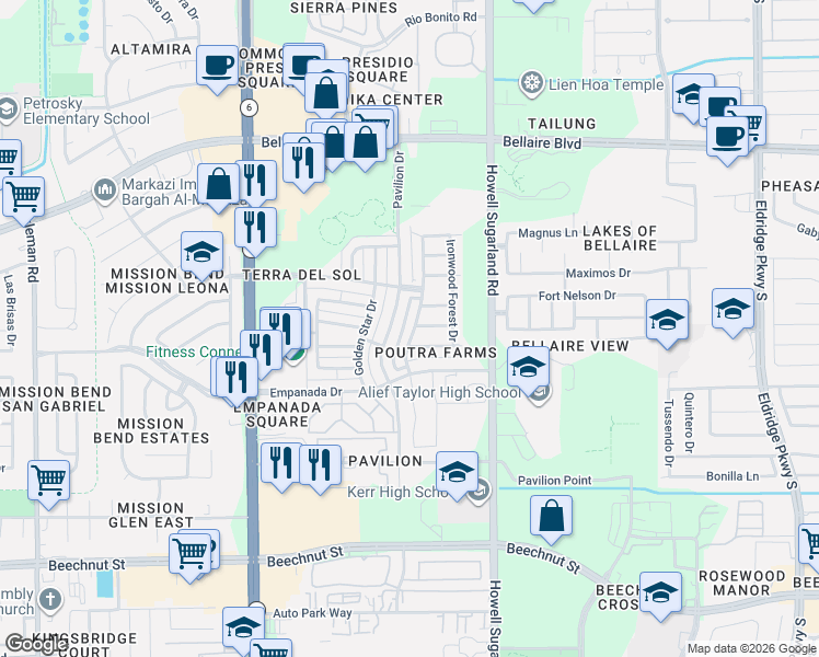map of restaurants, bars, coffee shops, grocery stores, and more near 14271 Pointa Vera Drive in Houston