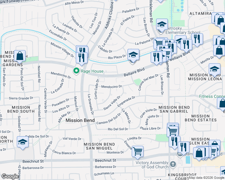 map of restaurants, bars, coffee shops, grocery stores, and more near 15530 Mira Monte Drive in Houston