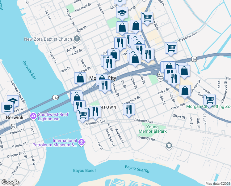 map of restaurants, bars, coffee shops, grocery stores, and more near 649 4th Street in Morgan City