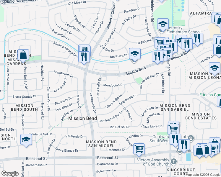 map of restaurants, bars, coffee shops, grocery stores, and more near 15530 Mira Monte Drive in Houston
