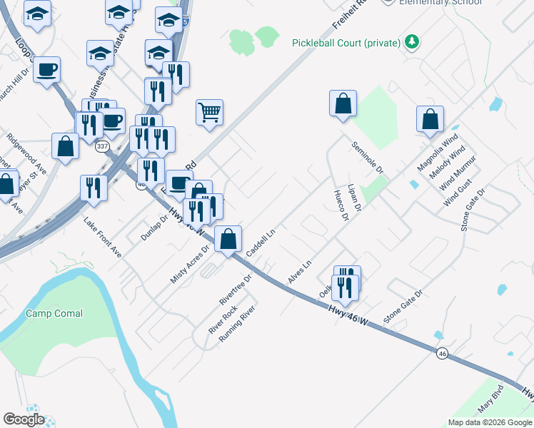 map of restaurants, bars, coffee shops, grocery stores, and more near 173 Caddell Lane in New Braunfels