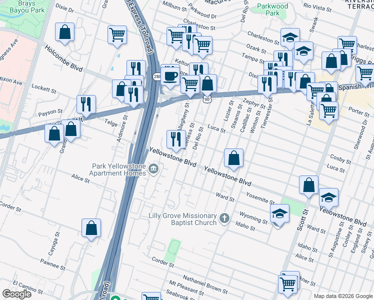 map of restaurants, bars, coffee shops, grocery stores, and more near 6839 Del Rio Street in Houston