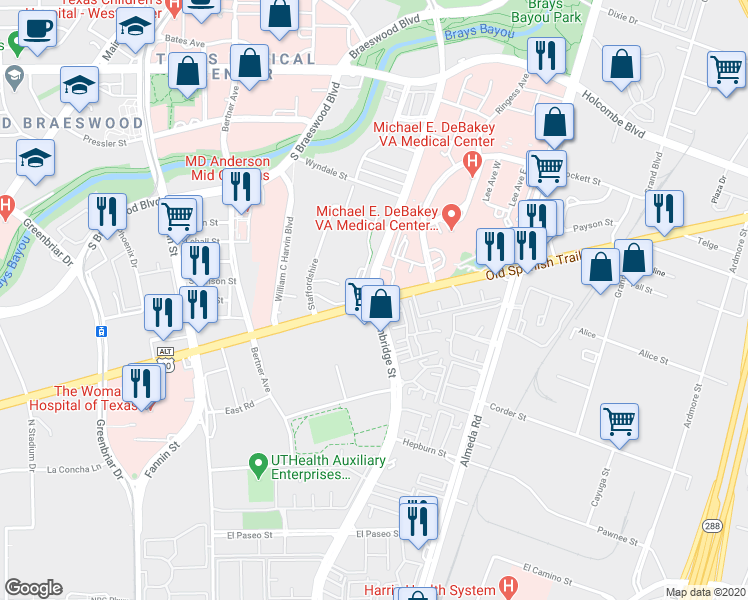 map of restaurants, bars, coffee shops, grocery stores, and more near Old Spanish Trail & Cambridge Street in Houston