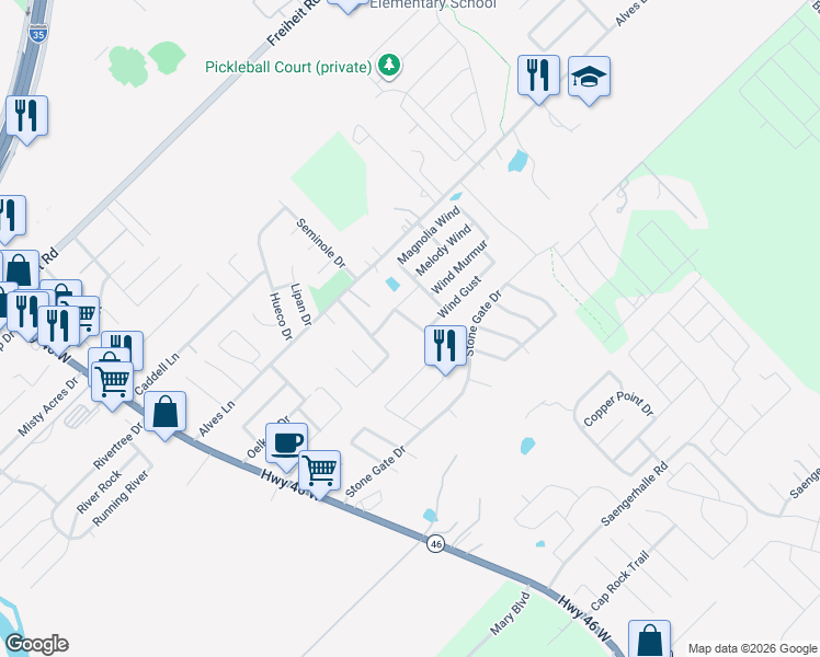 map of restaurants, bars, coffee shops, grocery stores, and more near 1063 Mellow Breeze in New Braunfels