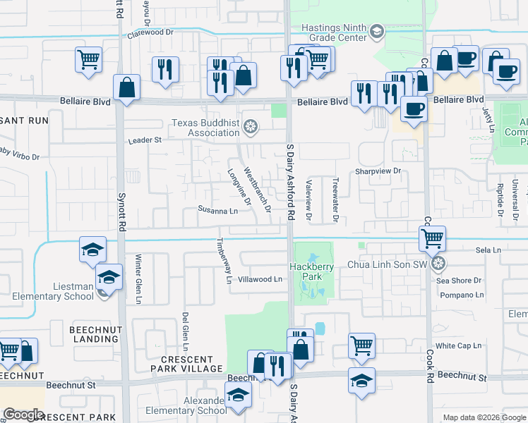map of restaurants, bars, coffee shops, grocery stores, and more near 12716 Carvel Lane in Houston