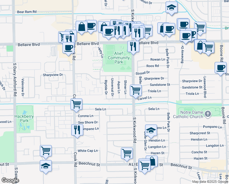 map of restaurants, bars, coffee shops, grocery stores, and more near 7515 Universal Drive in Houston