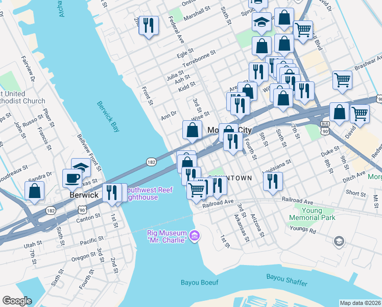 map of restaurants, bars, coffee shops, grocery stores, and more near Hwy 90 in Morgan City