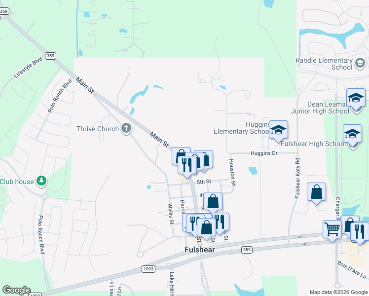 map of restaurants, bars, coffee shops, grocery stores, and more near 7971 Farm to Market 359 in Fulshear