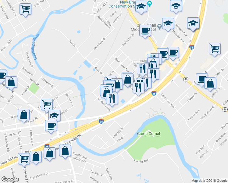 map of restaurants, bars, coffee shops, grocery stores, and more near 651 North Business Interstate Highway 35 in New Braunfels