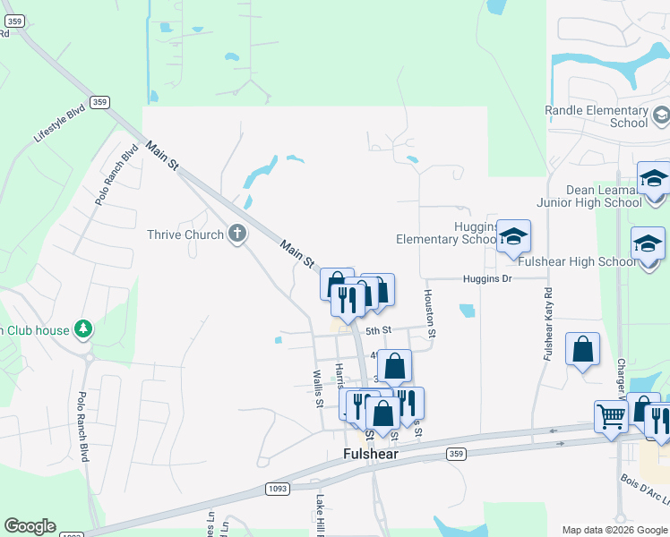 map of restaurants, bars, coffee shops, grocery stores, and more near 7971 Farm to Market 359 in Fulshear