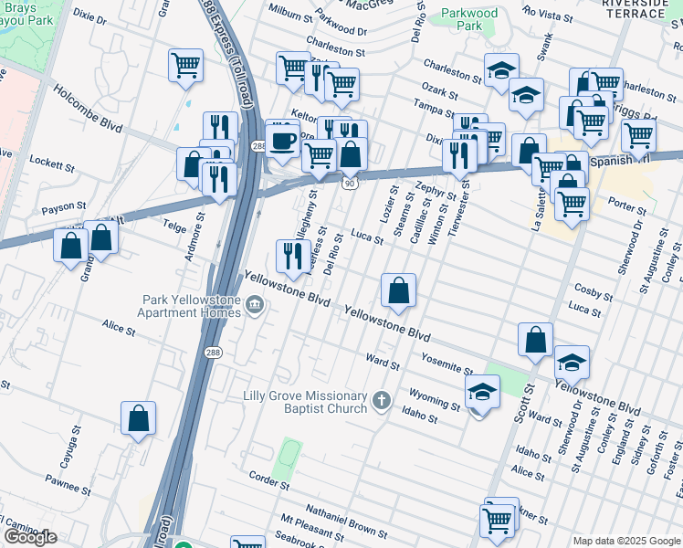 map of restaurants, bars, coffee shops, grocery stores, and more near 6818 Lozier Street in Houston