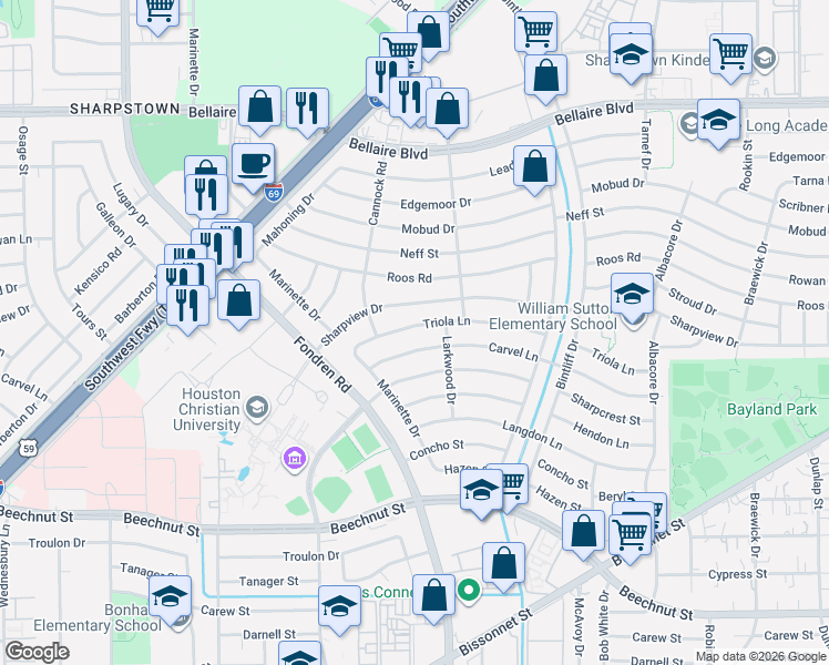 map of restaurants, bars, coffee shops, grocery stores, and more near 7111 Carvel Lane in Houston