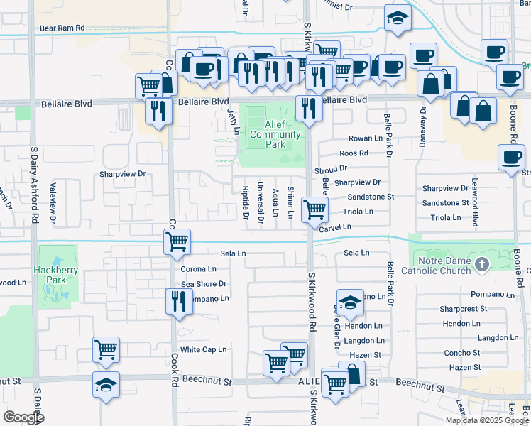 map of restaurants, bars, coffee shops, grocery stores, and more near 7515 Universal Drive in Houston