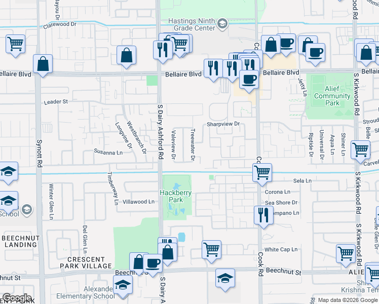 map of restaurants, bars, coffee shops, grocery stores, and more near 7314 Autumn Grove Drive in Houston