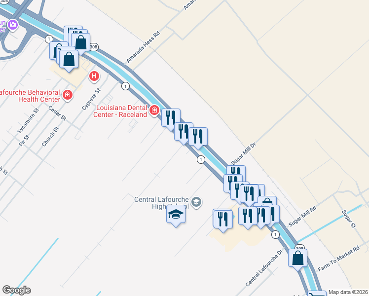 map of restaurants, bars, coffee shops, grocery stores, and more near 345 Saint Anthony Street in Raceland
