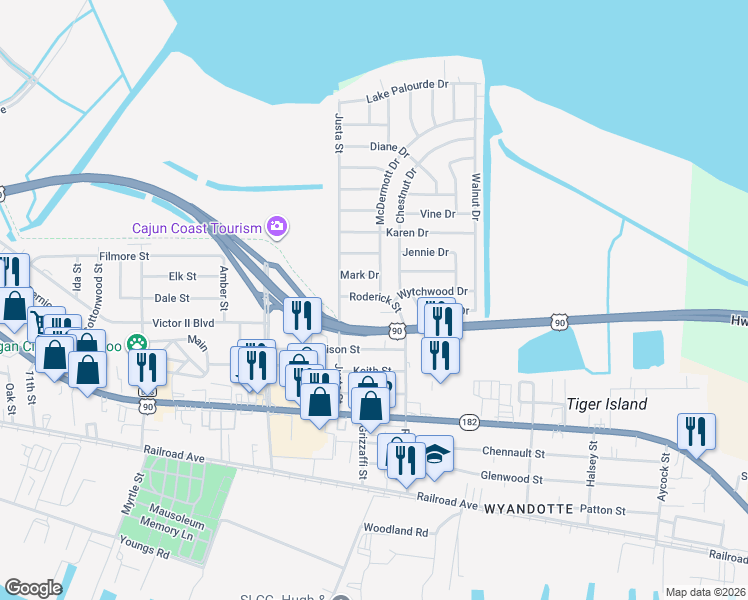 map of restaurants, bars, coffee shops, grocery stores, and more near 1-11 Village Drive in Morgan City