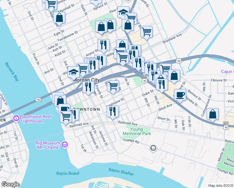 map of restaurants, bars, coffee shops, grocery stores, and more near 517 5th Street in Morgan City