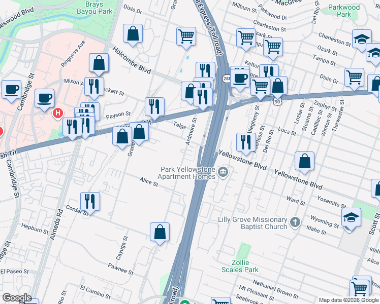 map of restaurants, bars, coffee shops, grocery stores, and more near 3214 Yellowstone Park Drive in Houston
