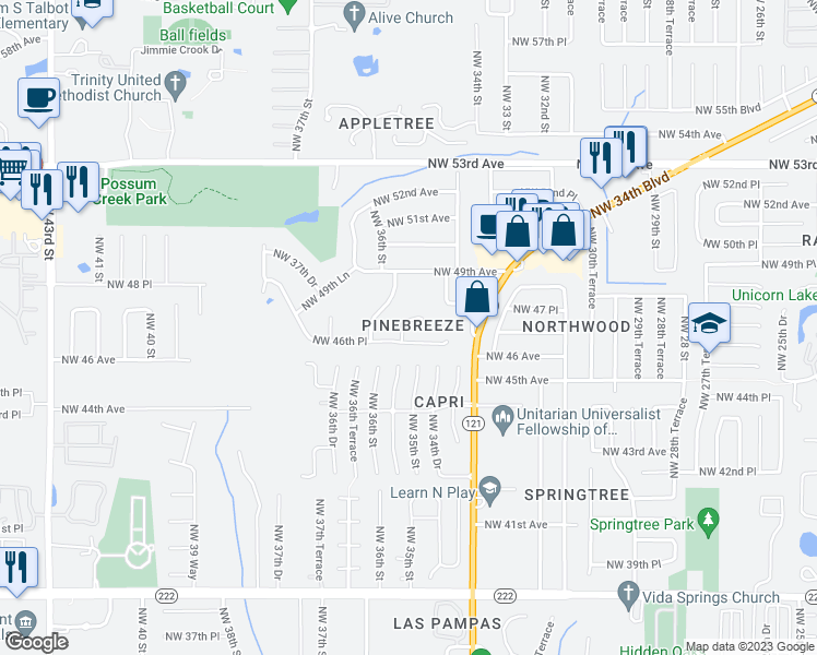map of restaurants, bars, coffee shops, grocery stores, and more near 4703 Northwest 35th Street in Gainesville