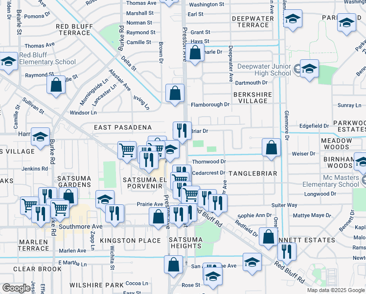 map of restaurants, bars, coffee shops, grocery stores, and more near 804 Preston Road in Pasadena