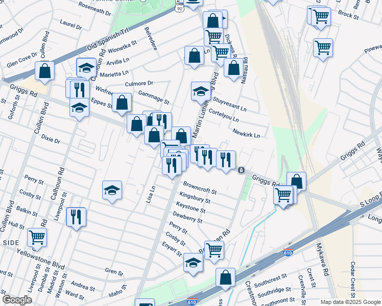 map of restaurants, bars, coffee shops, grocery stores, and more near 5210 Griggs Road in Houston