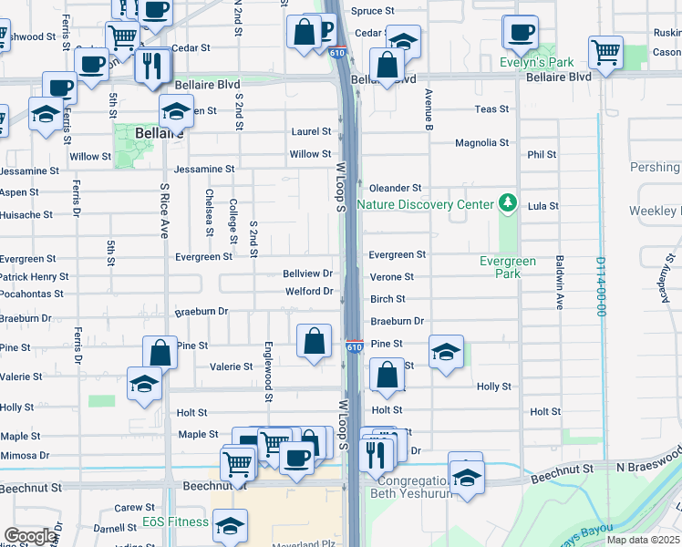 map of restaurants, bars, coffee shops, grocery stores, and more near 7500 West Loop South in Bellaire