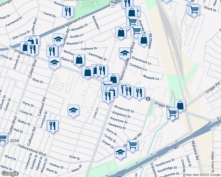 map of restaurants, bars, coffee shops, grocery stores, and more near 5055 Griggs Road in Houston