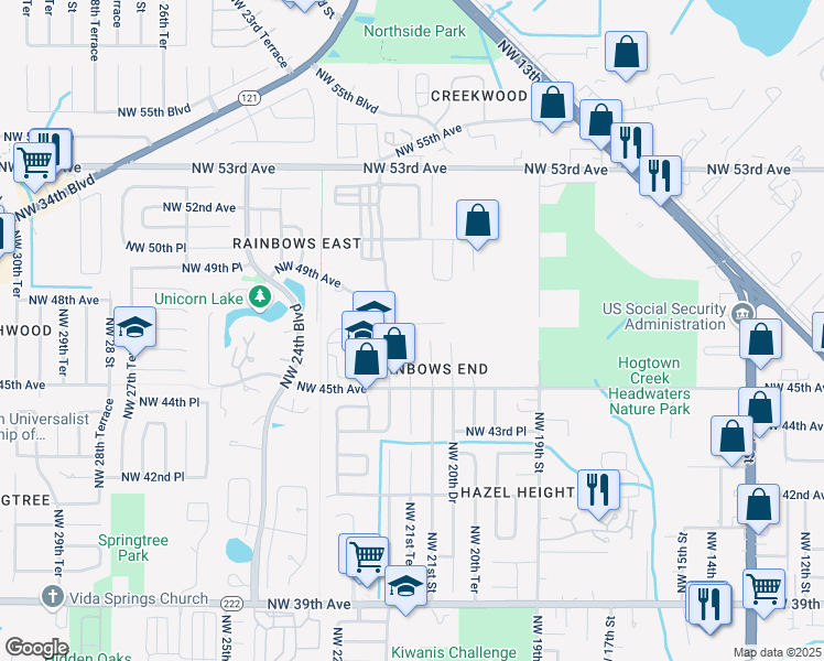 map of restaurants, bars, coffee shops, grocery stores, and more near 2125 Northwest 47 Place in Gainesville