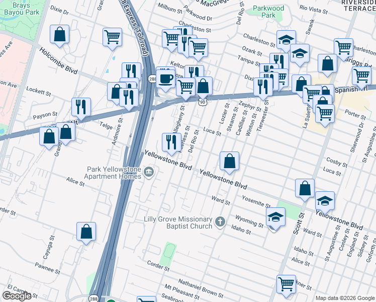 map of restaurants, bars, coffee shops, grocery stores, and more near 6753 Peerless Street in Houston