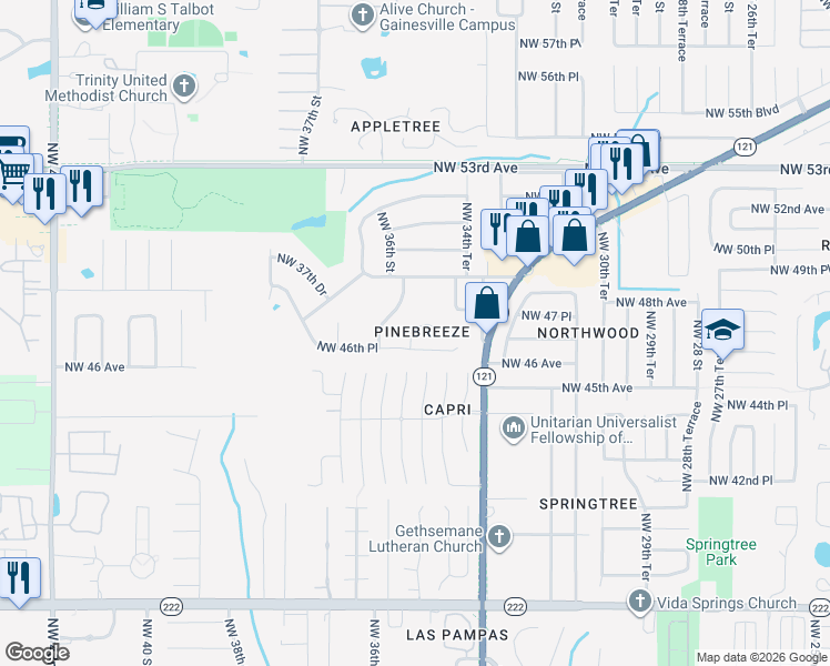 map of restaurants, bars, coffee shops, grocery stores, and more near 4729 Northwest 36th Street in Gainesville