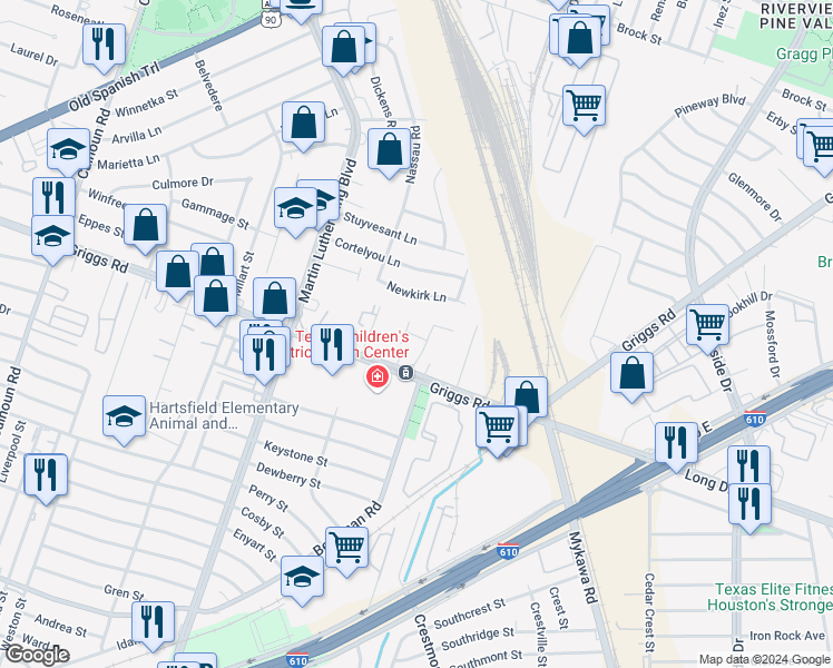map of restaurants, bars, coffee shops, grocery stores, and more near 5311 Griggs Road in Houston