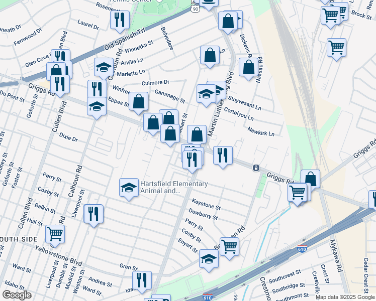 map of restaurants, bars, coffee shops, grocery stores, and more near 5055 Griggs Road in Houston
