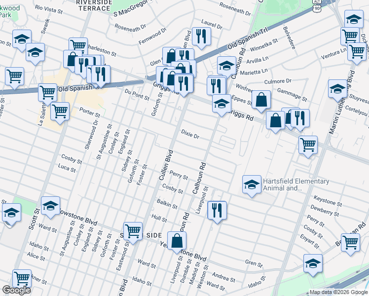 map of restaurants, bars, coffee shops, grocery stores, and more near 4507 Kingsbury Street in Houston