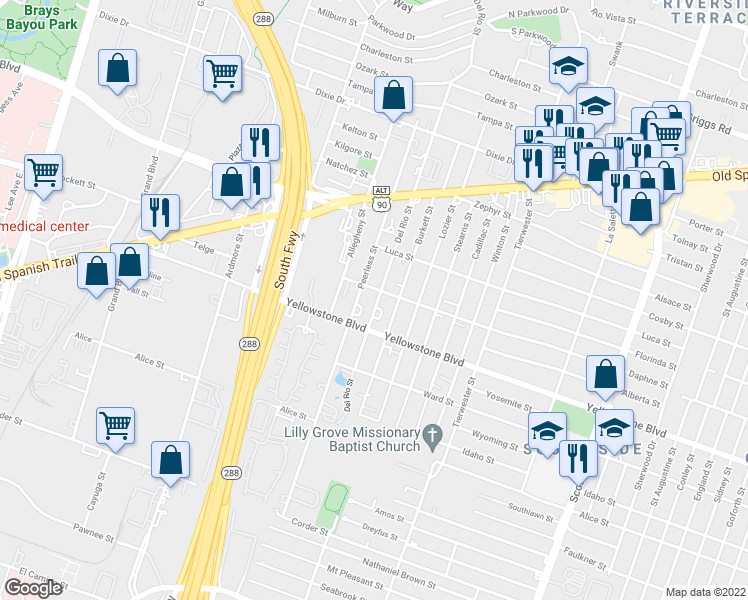 map of restaurants, bars, coffee shops, grocery stores, and more near 6753 Peerless Street in Houston
