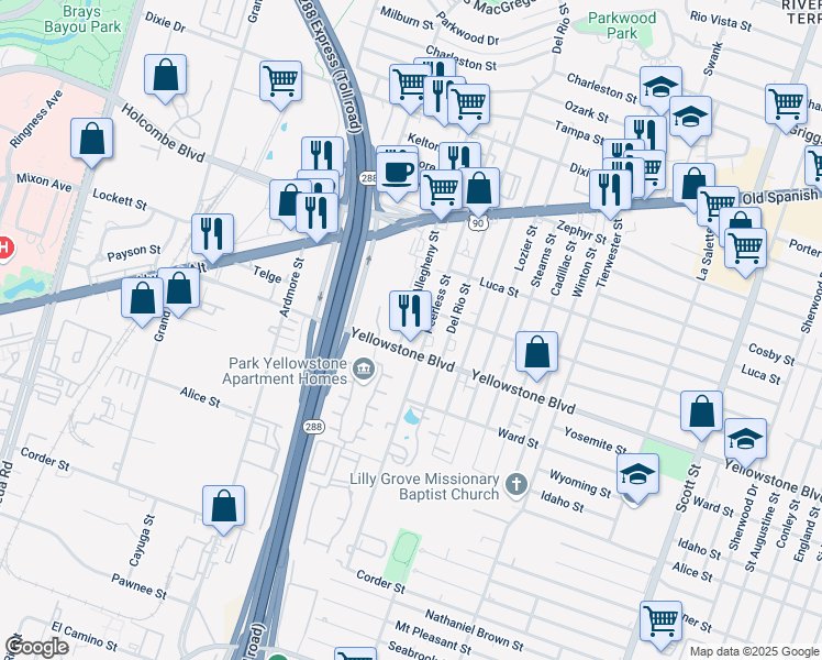 map of restaurants, bars, coffee shops, grocery stores, and more near 6801 Allegheny Street in Houston
