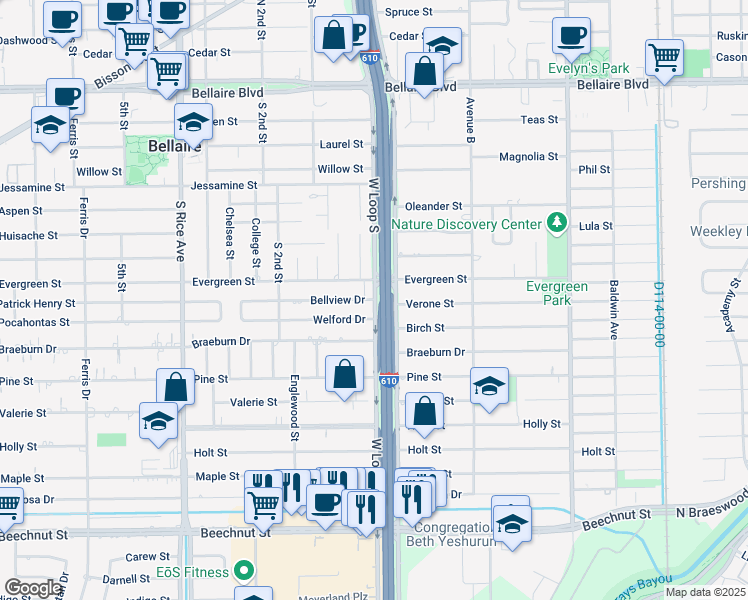 map of restaurants, bars, coffee shops, grocery stores, and more near 7500 West Loop South in Bellaire