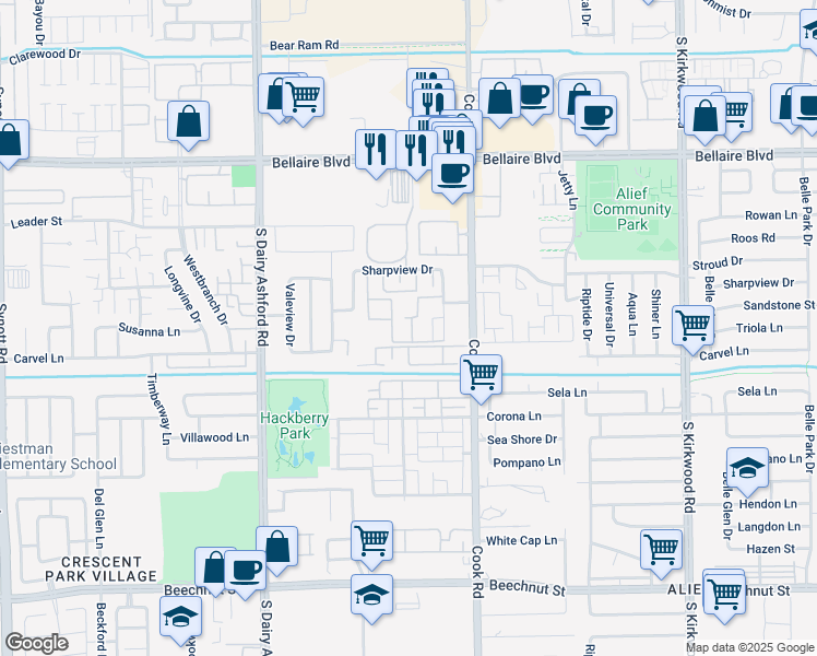 map of restaurants, bars, coffee shops, grocery stores, and more near 7150 Crownwest Street in Houston