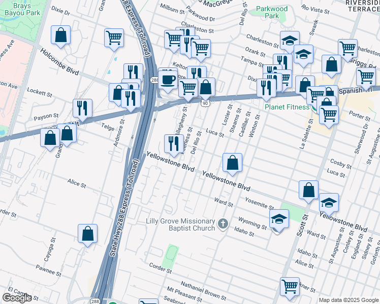 map of restaurants, bars, coffee shops, grocery stores, and more near 6753 Peerless Street in Houston