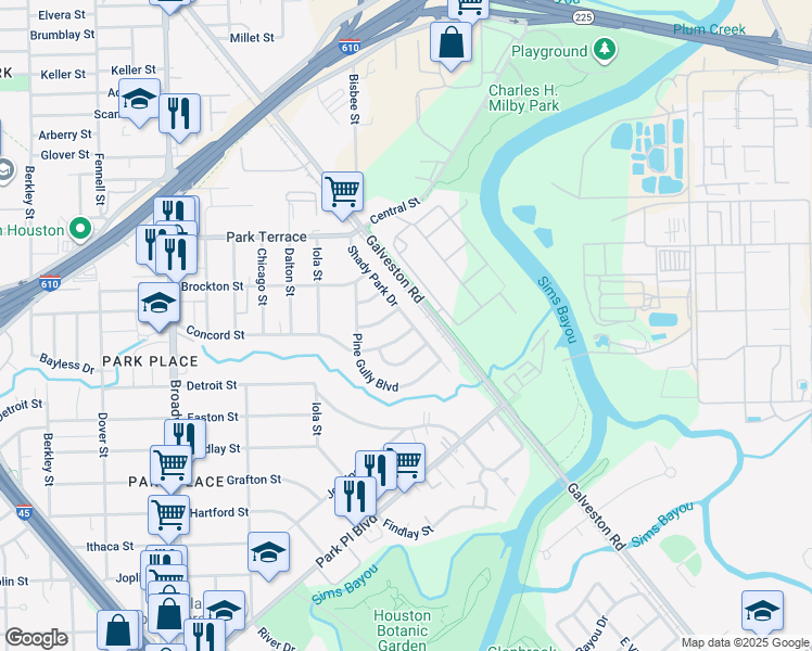 map of restaurants, bars, coffee shops, grocery stores, and more near 8543 Concord Street in Houston